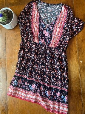 SHEIN Curve Black Floral Peasant Dress Boho Mini Dress 2XL